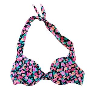 Vintage Victoria's Secret Bikini Top Size 34C Black Floral Halter Padded